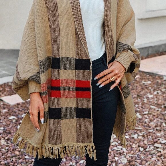 Plaid Print Batwing Sleeve Fringe Trim Duster Cardigan - Picture 4 of 5